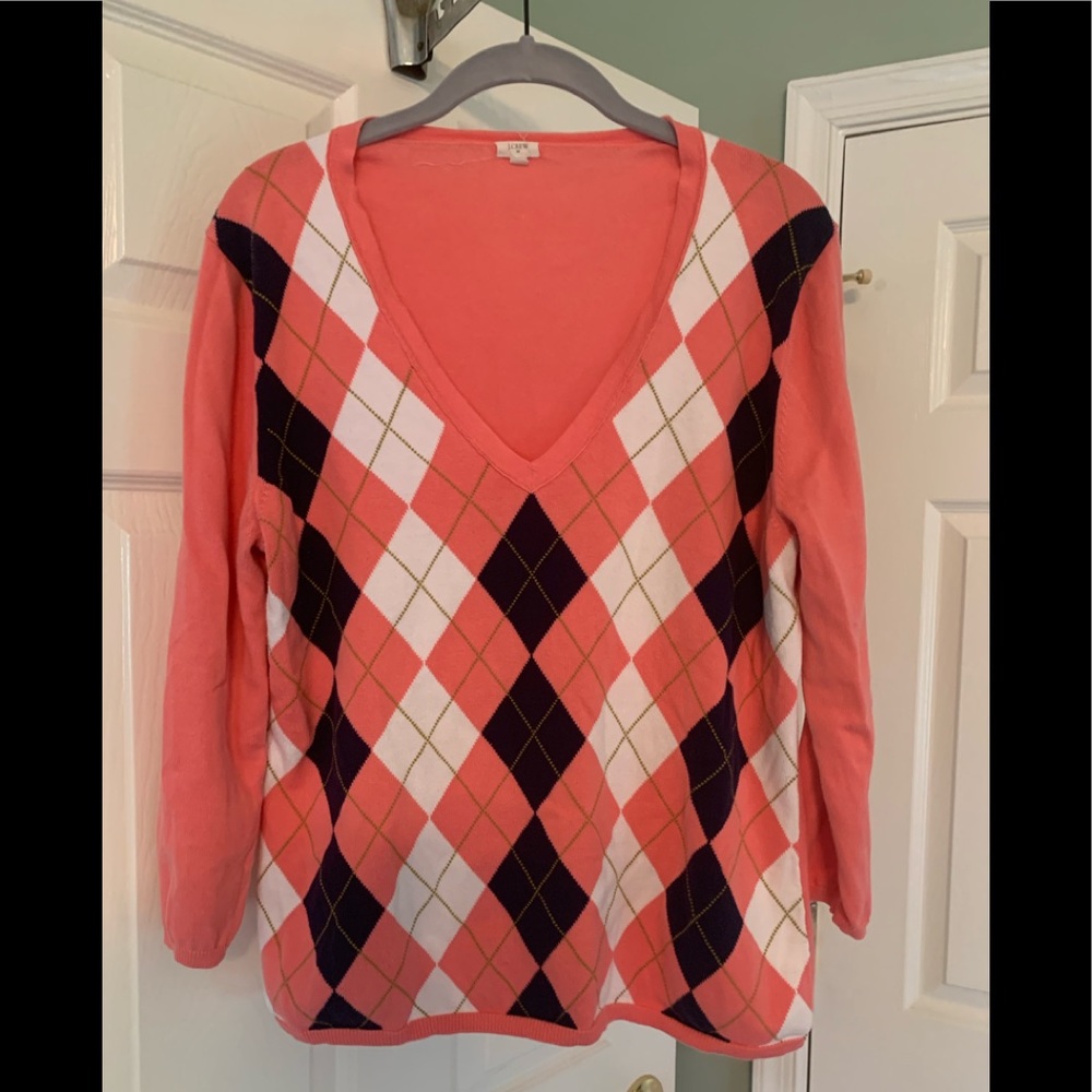 J Crew coral and navy sweater